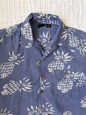 Silk Hawaiian Shirt XL Blue Pineapple Print Aloha Camp